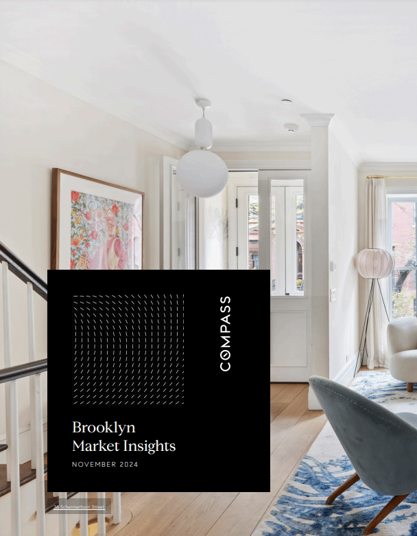 Brooklyn Market Insights, November 2024 report cover by Compass, over a bright living room.
