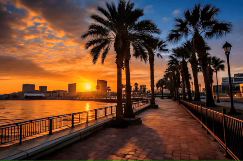 Downtown Tampa skyline and Tampa Riverwalk during summer