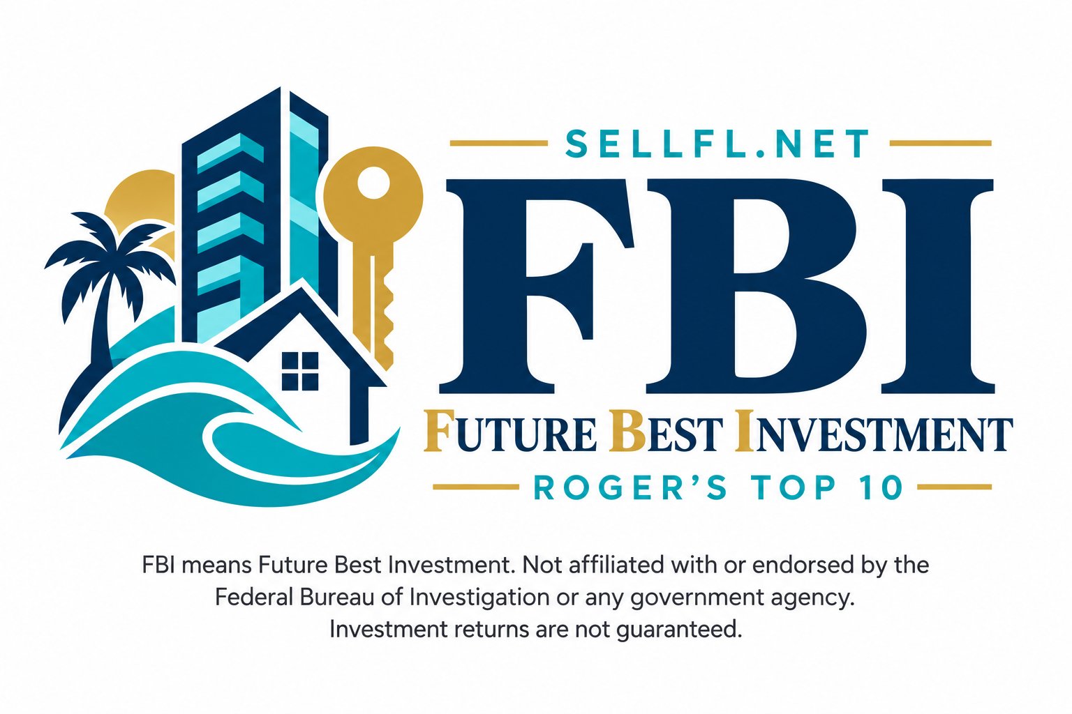 FBI Future Best Investment, Roger’s Top 10, with coastal buildings, a house, key and wave