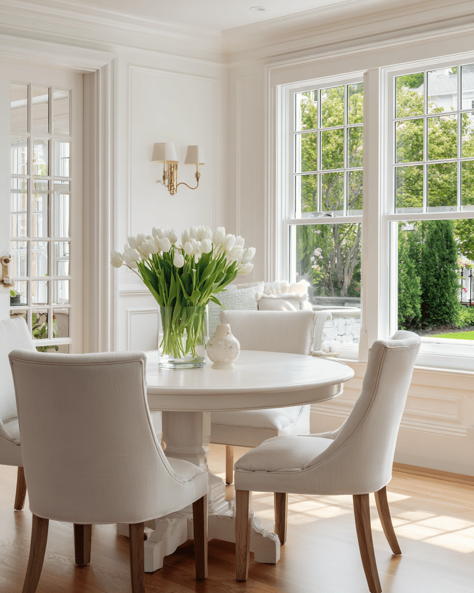 Bright dining room with a round white table, white tulips, and large garden-facing windows.