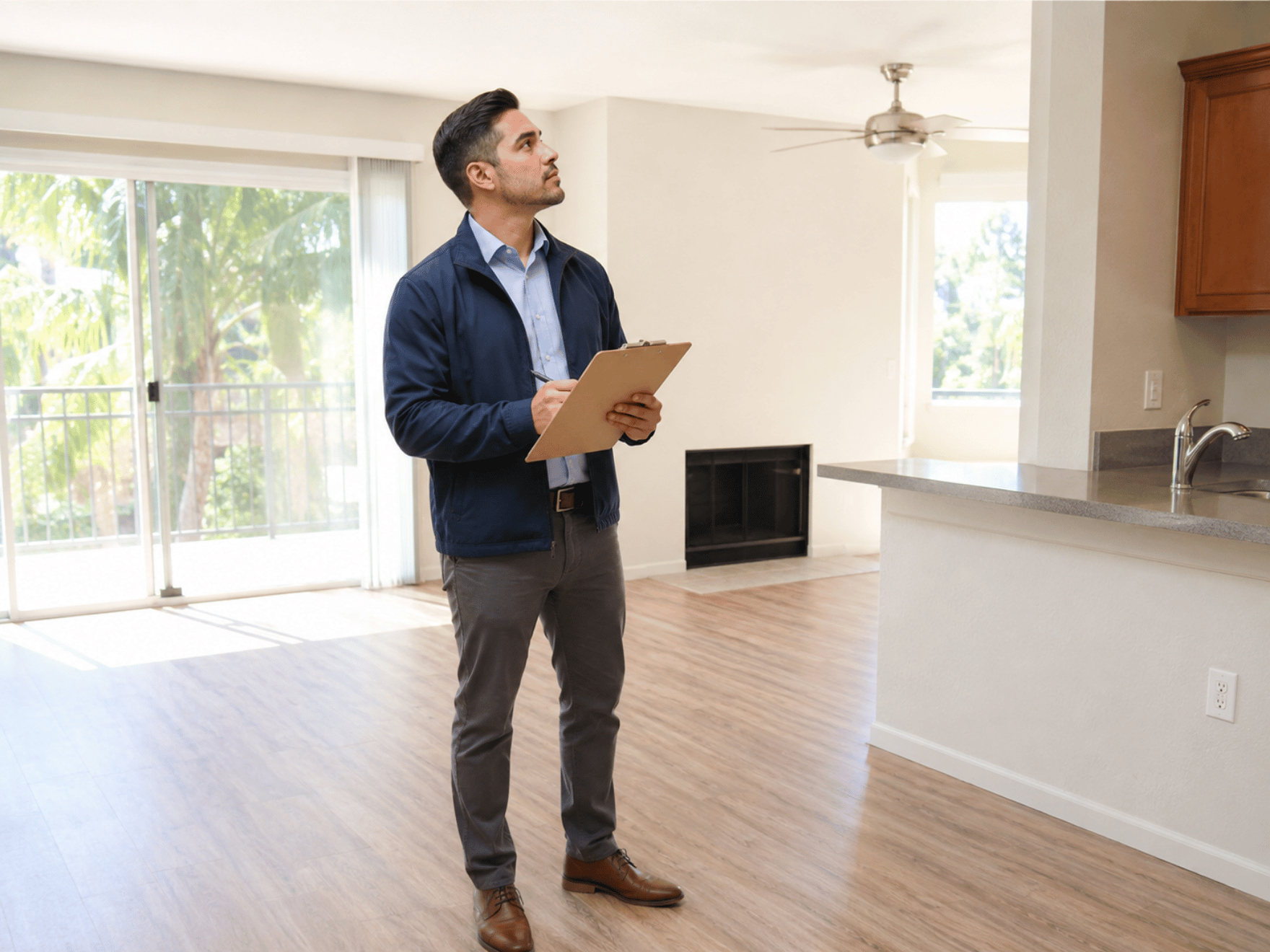 man-holding-a-clipboard-inspecting-a-bright-empty-room-with-wooden-floors-a-fireplace-and-large-windows