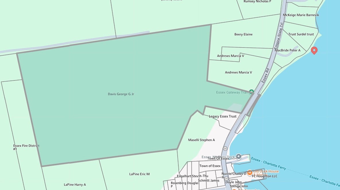 Map showing Essex Gateway Trail, nearby parcels, and the Essex–Charlotte Ferry shoreline.