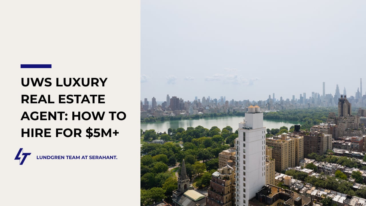 Manhattan skyline and Central Park beside a headline about hiring a luxury Upper West Side real estate agent.