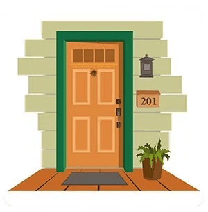 Illustrated home entrance with an orange door, green trim, and house number 201.