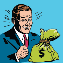 Cartoon businessman holding a green money bag marked with a dollar sign.