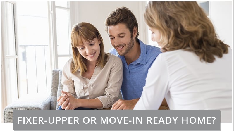 A couple reviews a home with a real estate agent beneath a fixer-upper versus move-in-ready headline.