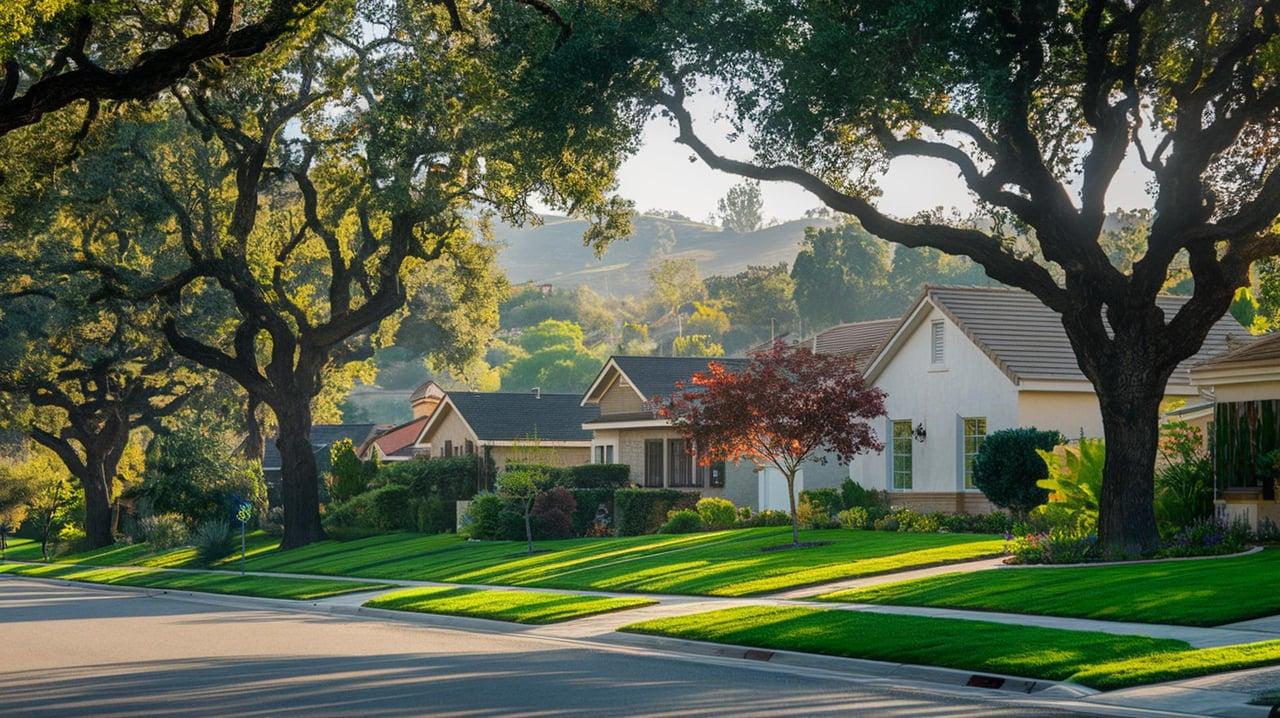 Tree-lined neighborhood street with detached homes and hills beyond.