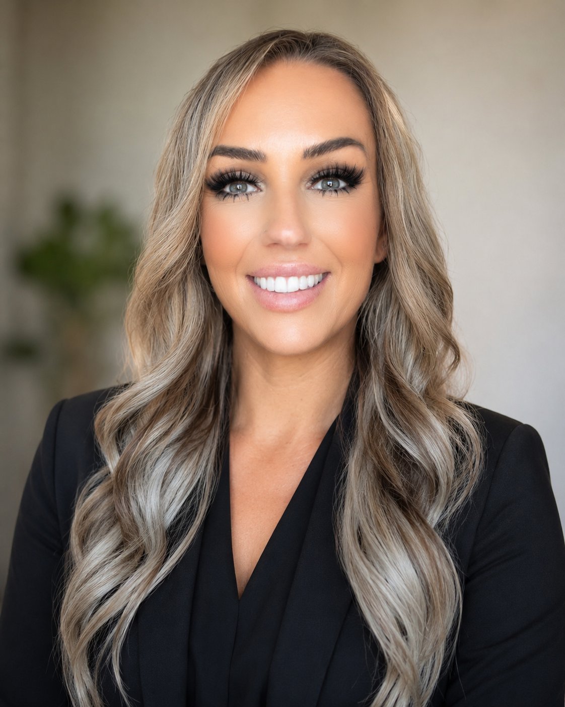 Amy Collins smiles at the camera in a black blazer, with long wavy blonde hair.
