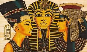 Ancient Egyptian-style artwork showing three figures in elaborate headdresses.