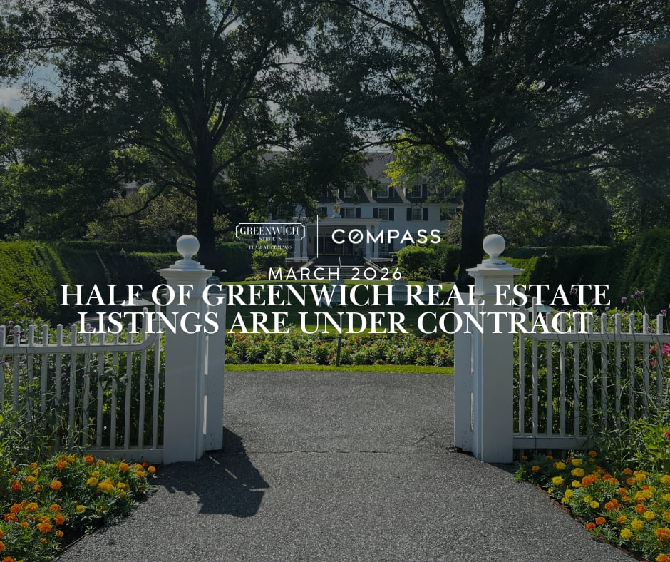 Luxury Greenwich CT estate entrance with garden gates - Greenwich Streets March 2026 real estate market report on record low inventory and rising prices.