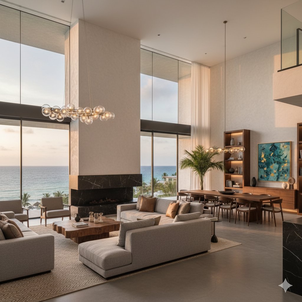 Ocean-view living room with floor-to-ceiling windows, a fireplace, and contemporary furnishings.