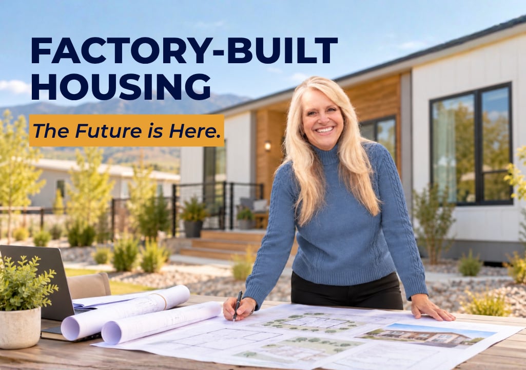 Sharla Ellis reviewing home plans in front of a modern factory-built home for a blog about manufactured and modular housing affordability.