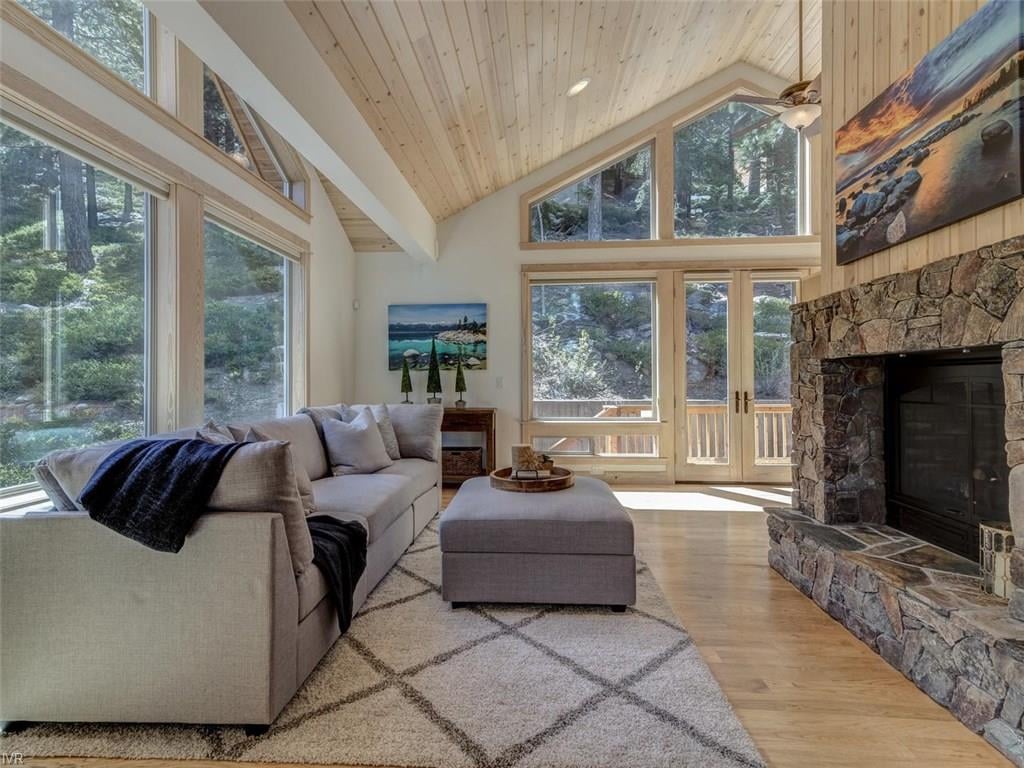 Modern staged living room with lake views in Incline Village, Nevada
