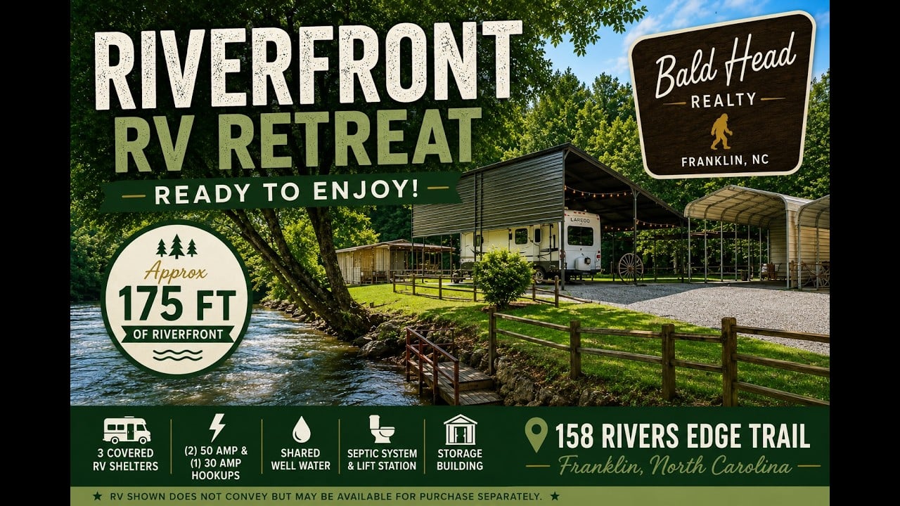 Riverfront RV retreat flyer showing a covered RV shelter beside the river and listing property features in Franklin, North Carolina.