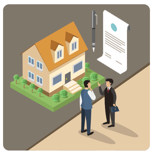 Illustration of two people discussing a home sale beside a house and closing document.