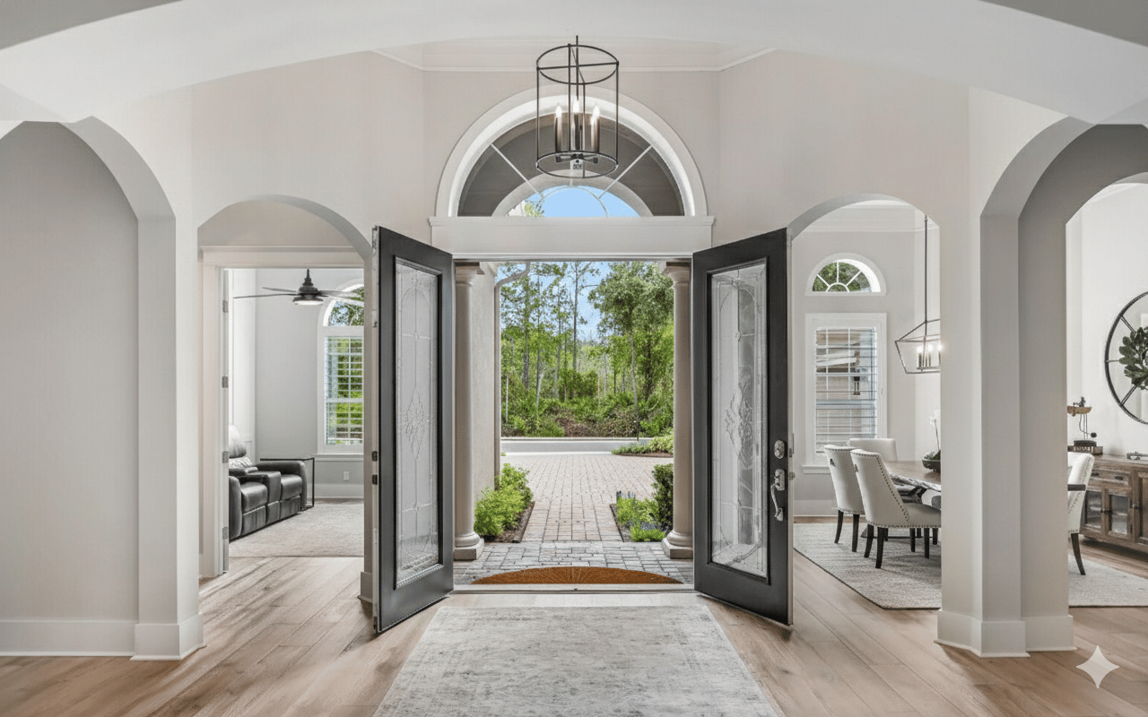 Grand luxury home entryway in Nocatee, Ponte Vedra, featuring open double doors, high arched ceilings, modern chandelier, and light wood flooring by Realtor Christina McIntosh.