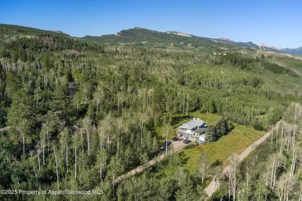 Aerial view of a house surrounded by dense forest, with mountains in the distance.
