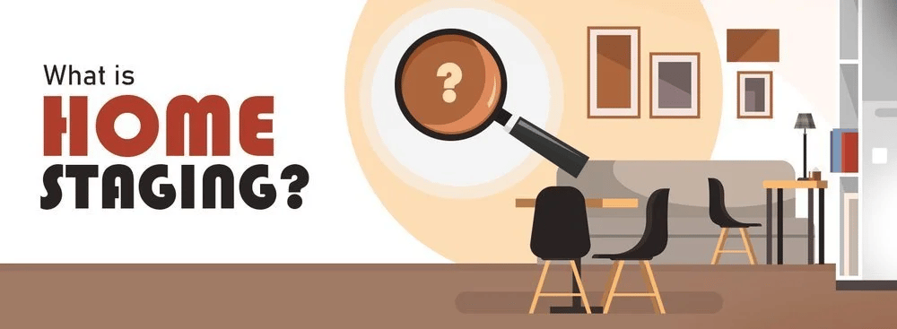 What is home staging? Illustration of a living room with a magnifying glass.