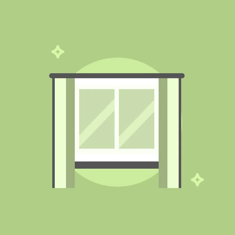 Illustrated double-pane window with curtains.