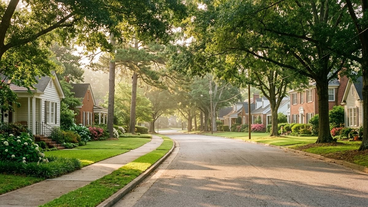 Quiet tree-lined residential street in East Alabama with mature oaks arching over the road in early morning light