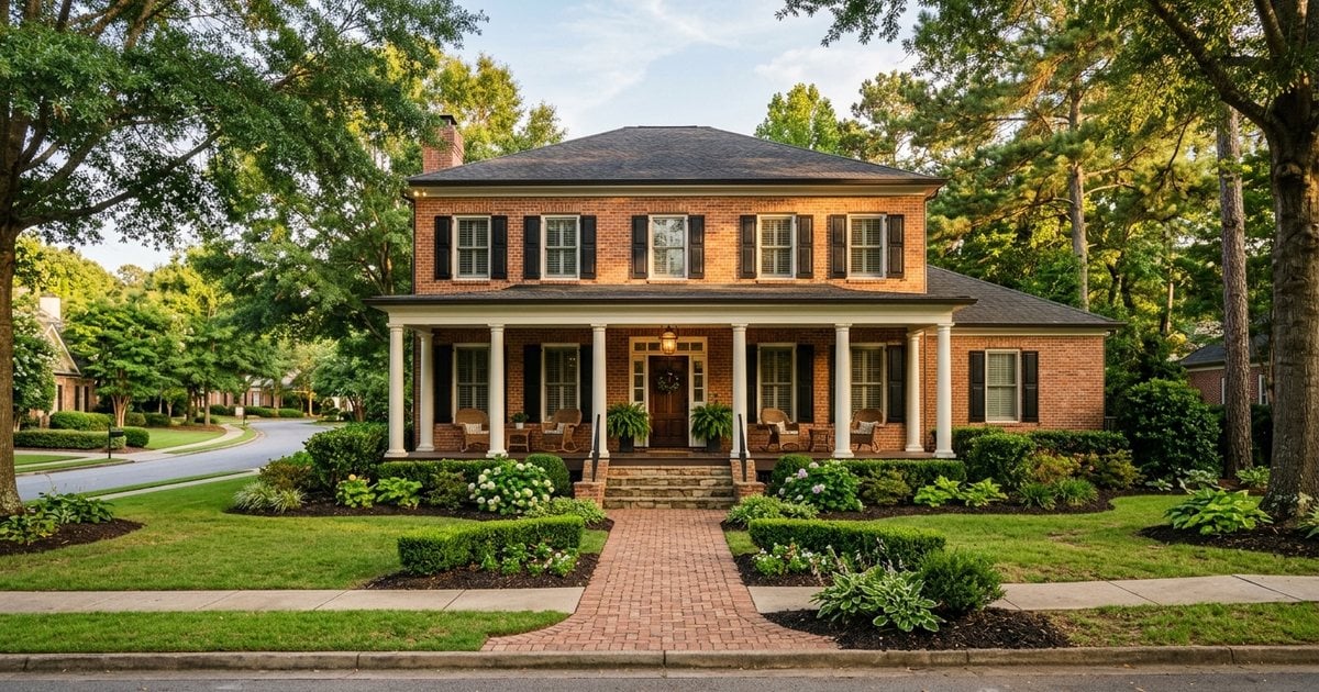 Two-story red brick home with a deep covered front porch on a tree-lined Auburn, Alabama street in late afternoon light