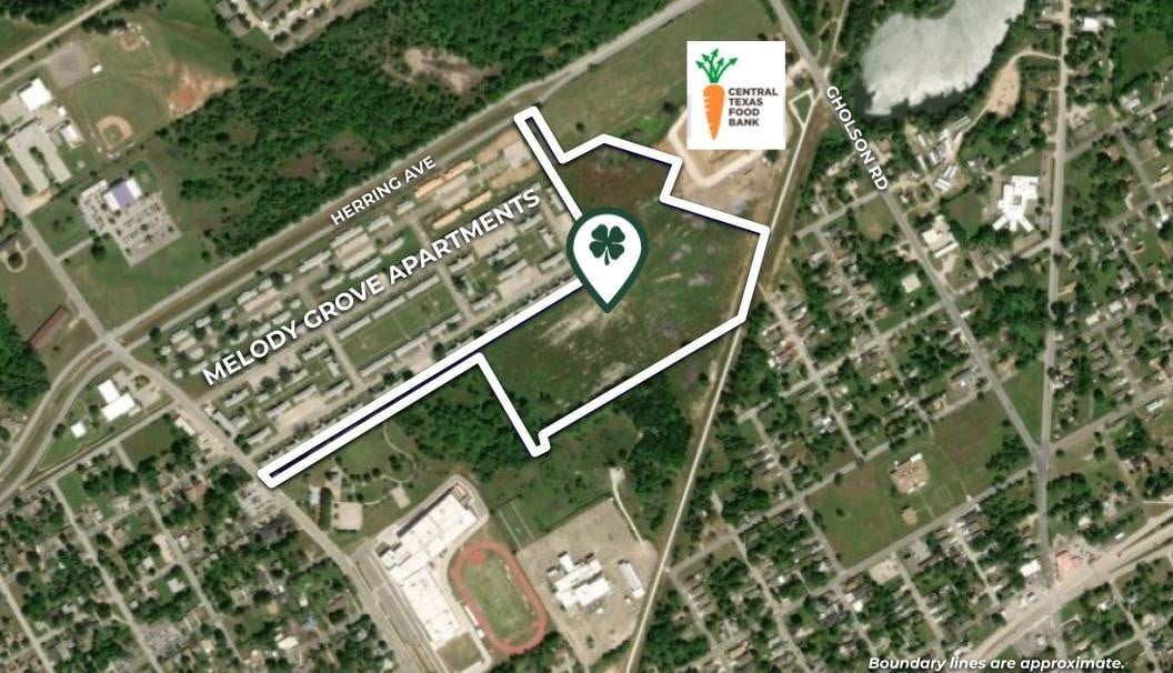 Satellite map with a white-outlined parcel near Melody Grove Apartments, Herring Ave, and Cholson Rd.