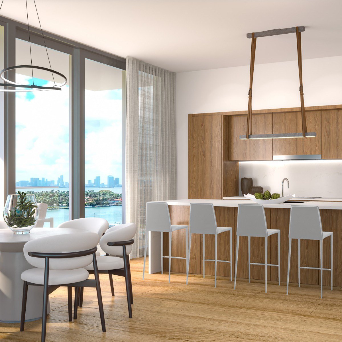 Rendering of a residence kitchen with island seating at Ella Miami Beach.