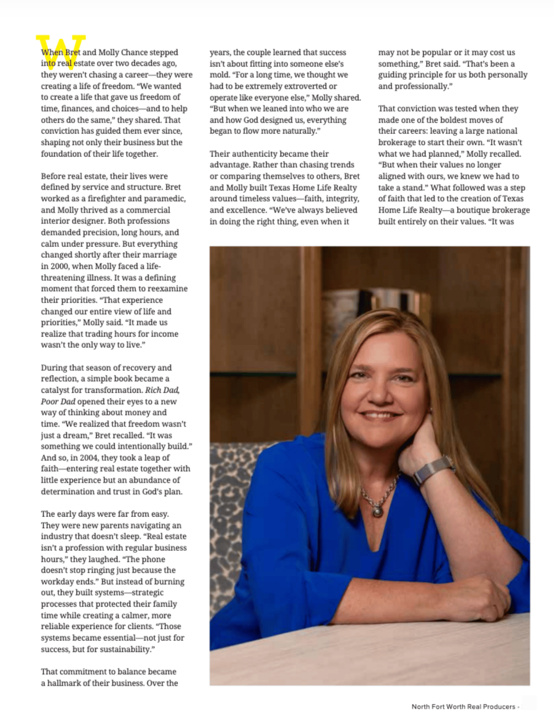 Magazine feature page with a portrait of a smiling woman in a blue blouse beside columns of text.