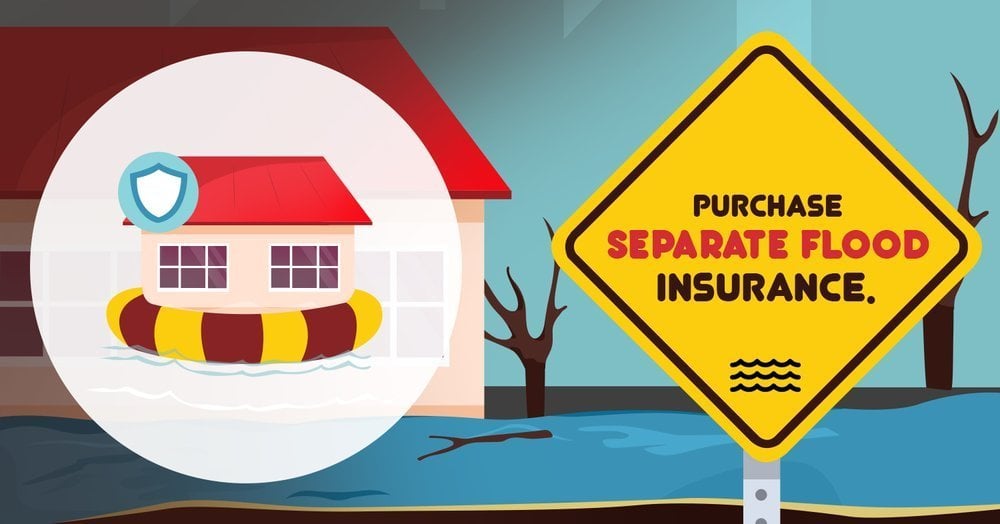 Floodwater surrounds an illustrated house beside a sign advising homeowners to purchase separate flood insurance.