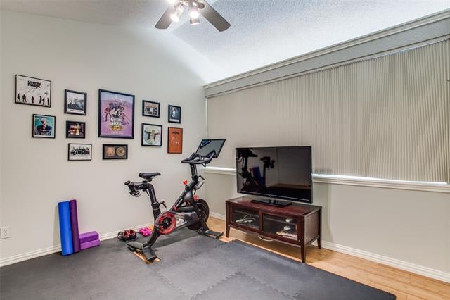 Home exercise room with a stationary bike, floor mats, television, and large window with blinds.