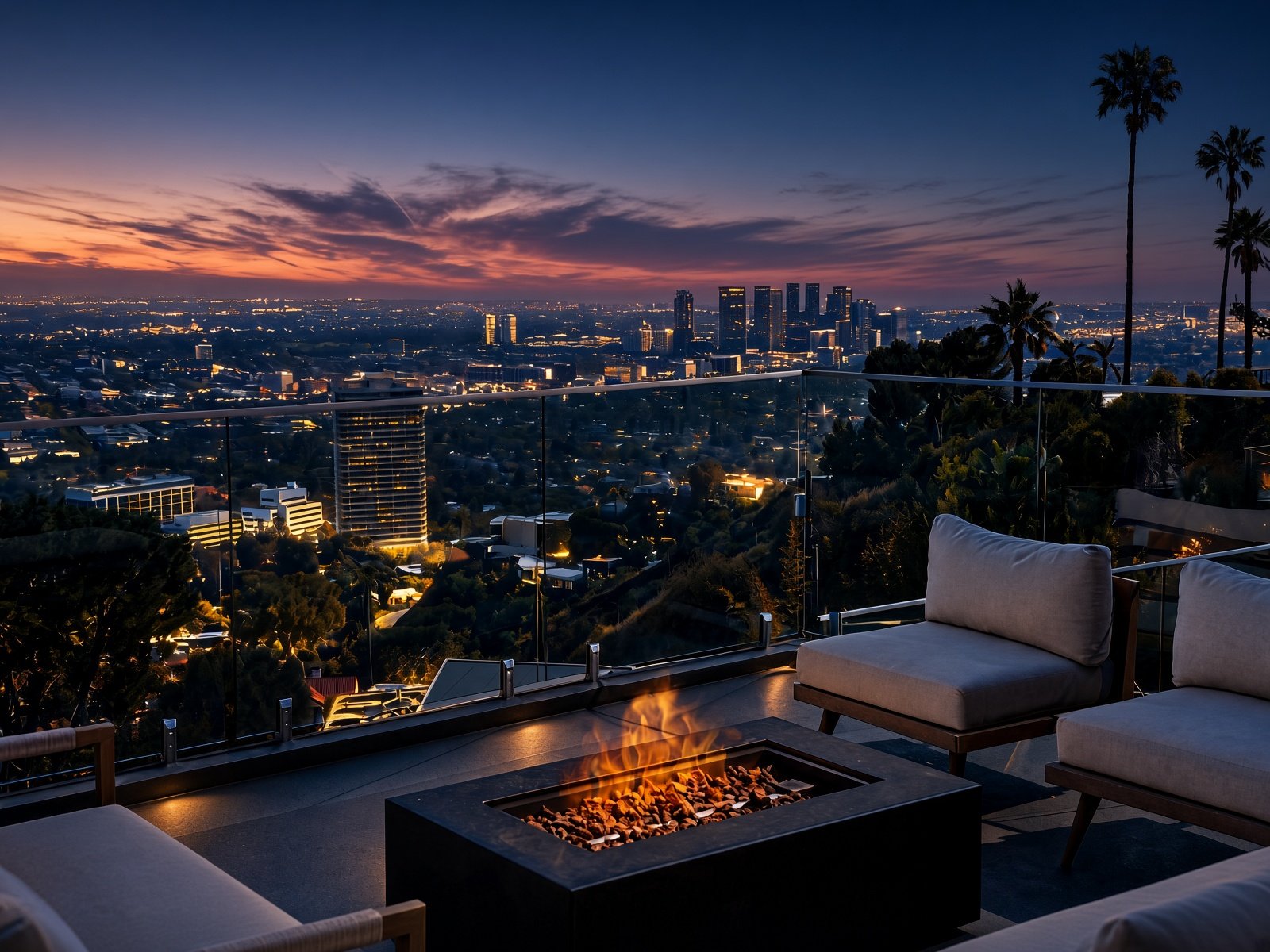 Fire pit terrace with city views at 9270 Kinglet Dr above the Sunset Strip