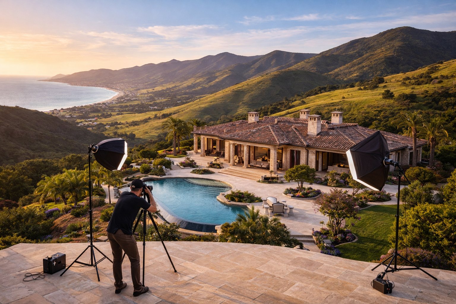 Professional marketing and photography setup for a luxury home on the Central Coast