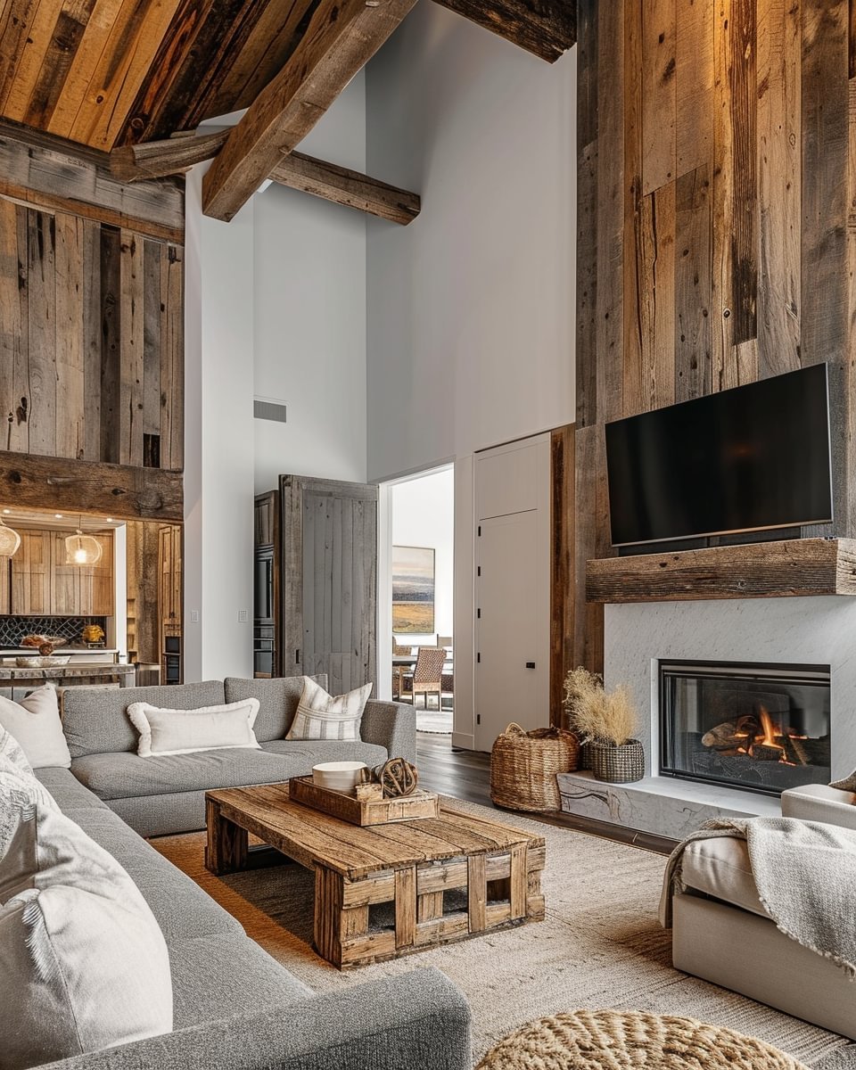 Vaulted living room with exposed timber beams, a gray sectional, and a fireplace beneath a wall-mounted television.