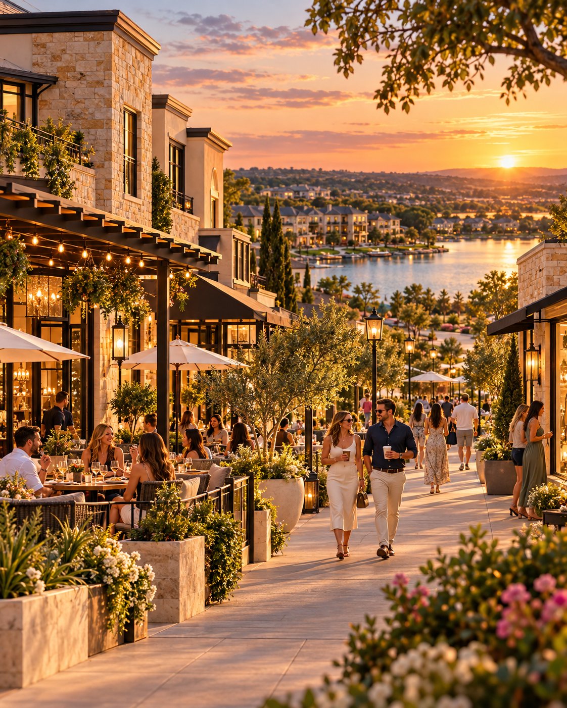 Lakeside retail promenade with outdoor dining, stone storefronts, and a sunset view over the water.