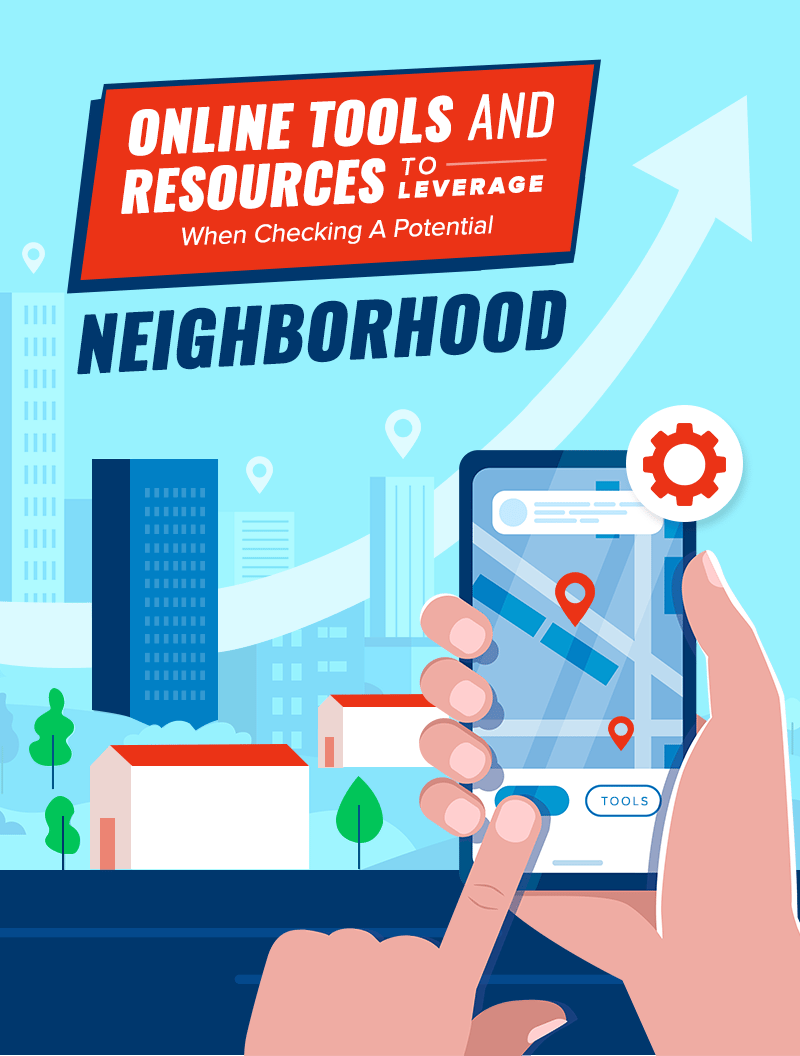 Illustration of a hand using a map app to explore a neighborhood, with buildings and a gear symbol.