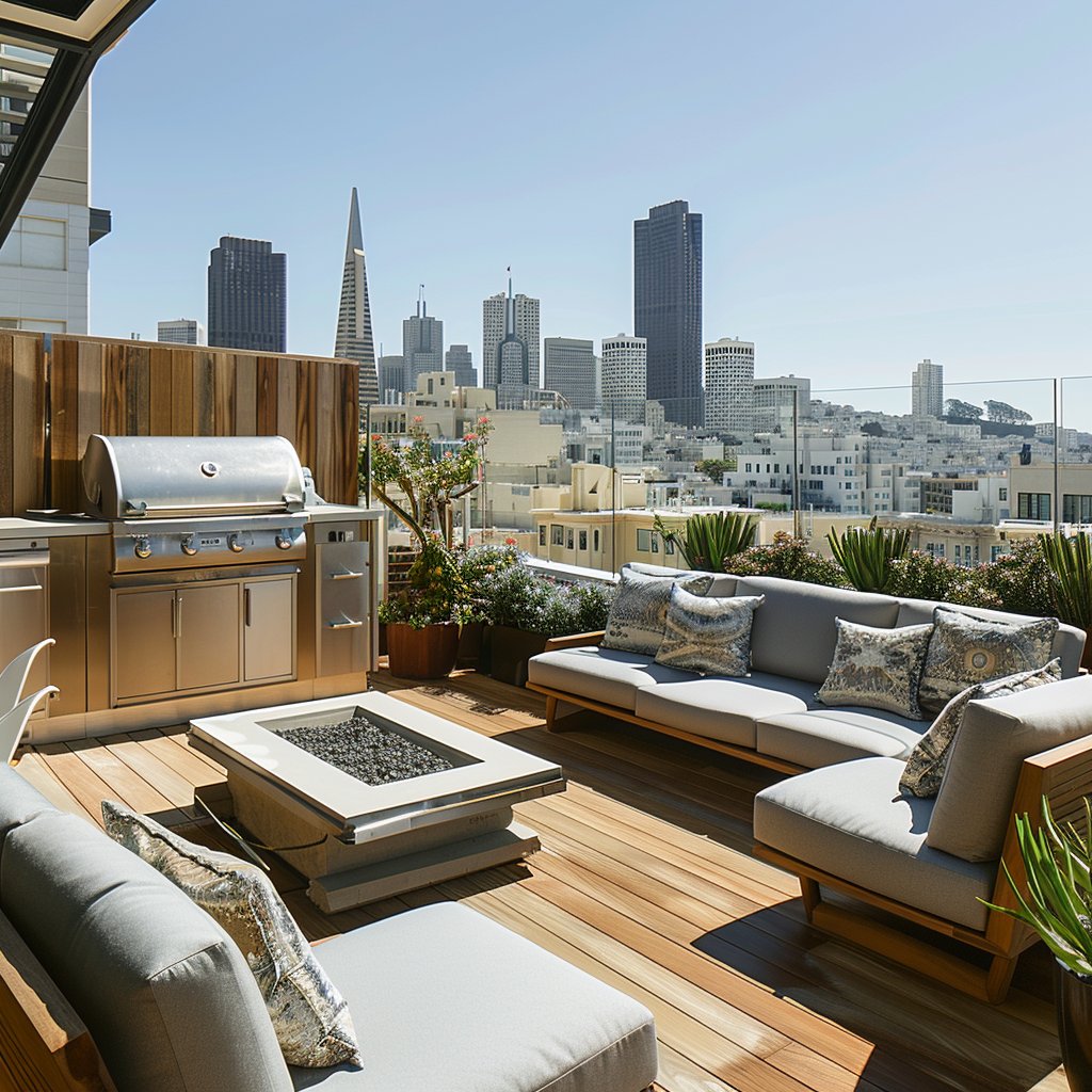 Rooftop terrace with outdoor seating and grill overlooking the San Francisco skyline.