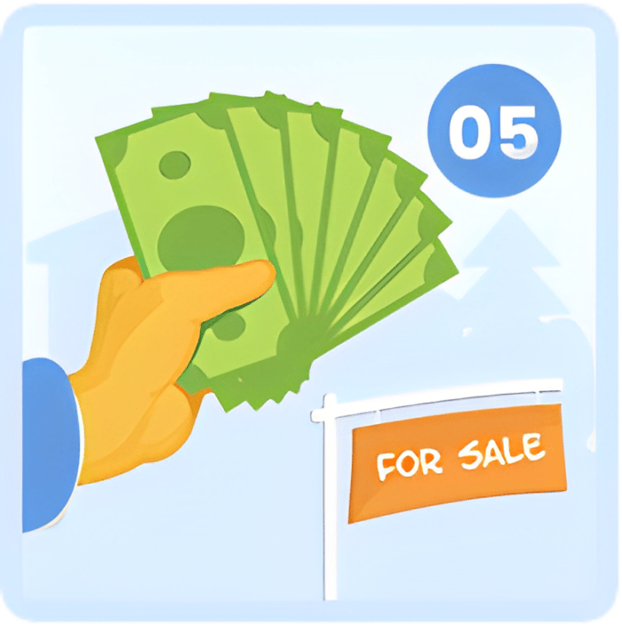 Hand holding cash beside a FOR SALE sign, with a blue 05 badge.