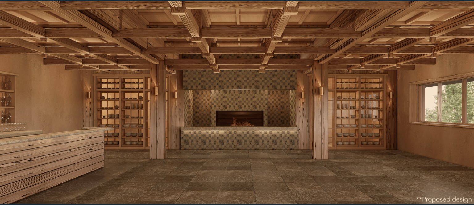 Proposed lounge design with a tiled fireplace, built-in shelves, wood ceiling, and bar counter.