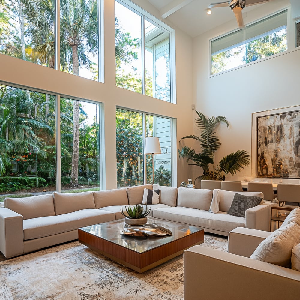 Living room with a cream sectional and tall windows overlooking tropical greenery.