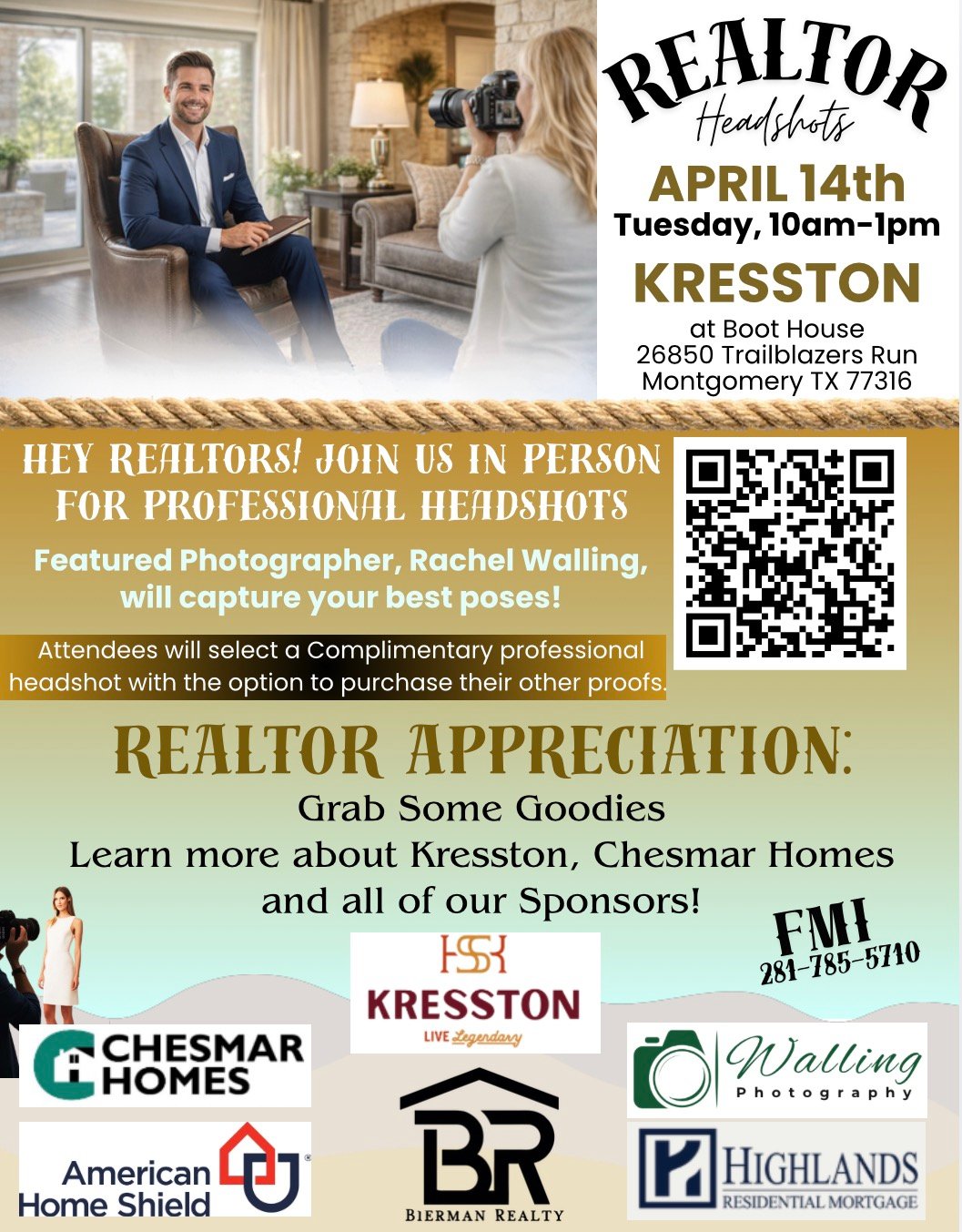 Flyer for Realtor headshots and appreciation event April 14 at Boot House in Kresston, with a QR code and sponsor logos.