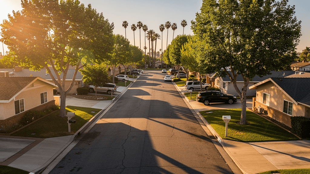 Tree-lined residential street showing single-story ranch homes in the Northridge, Lake Balboa, and Reseda area of the San Fernando Valley.