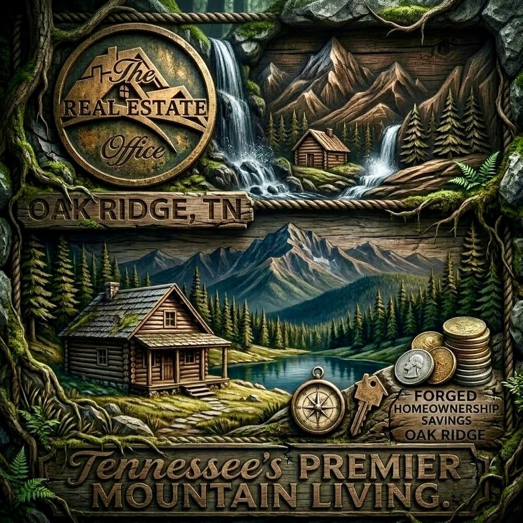 Illustrated Oak Ridge real estate promotion with mountain cabins and the phrase “Tennessee’s Premier Mountain Living.”