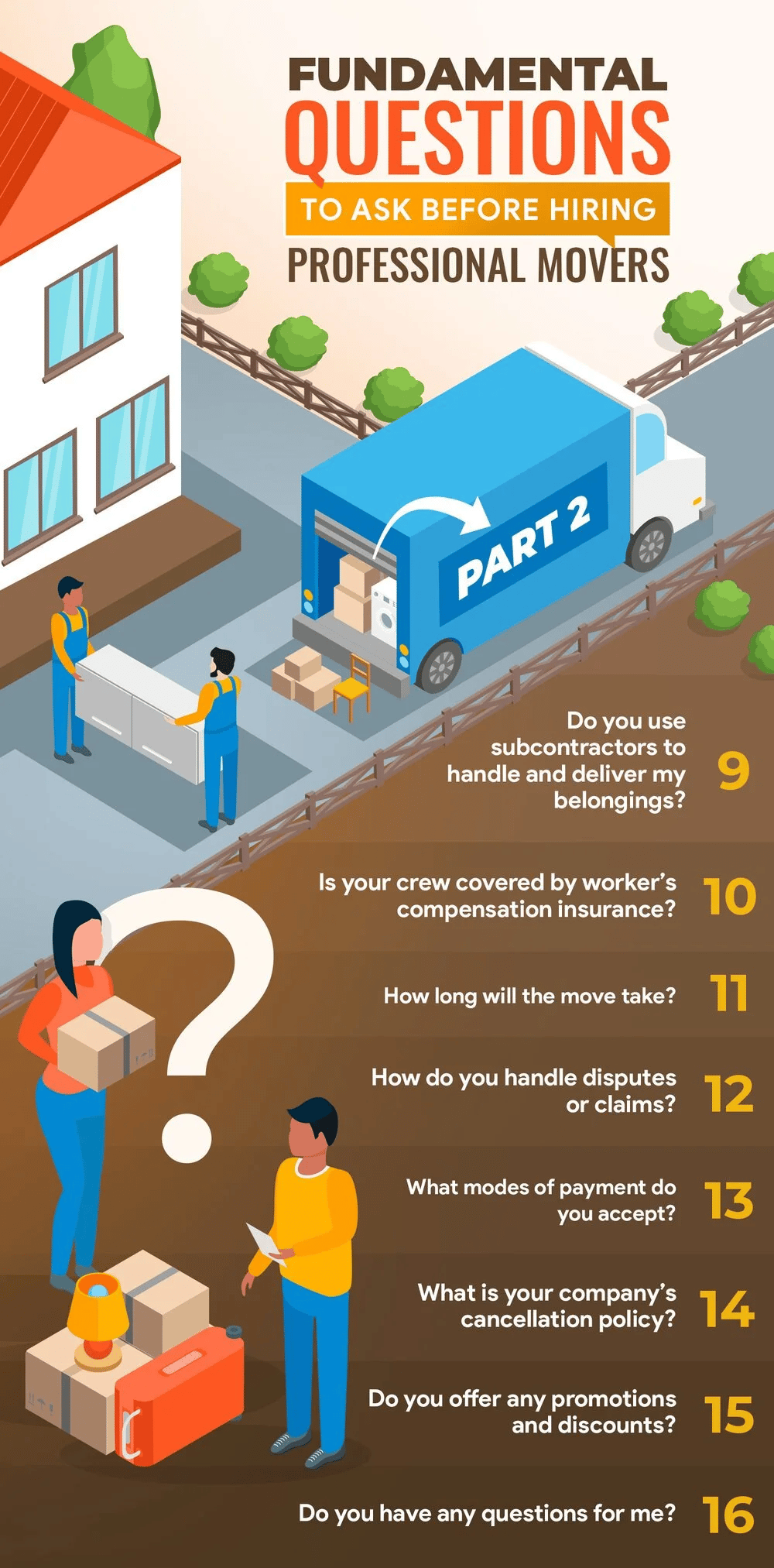 Infographic listing questions 9–16 to ask before hiring professional movers.
