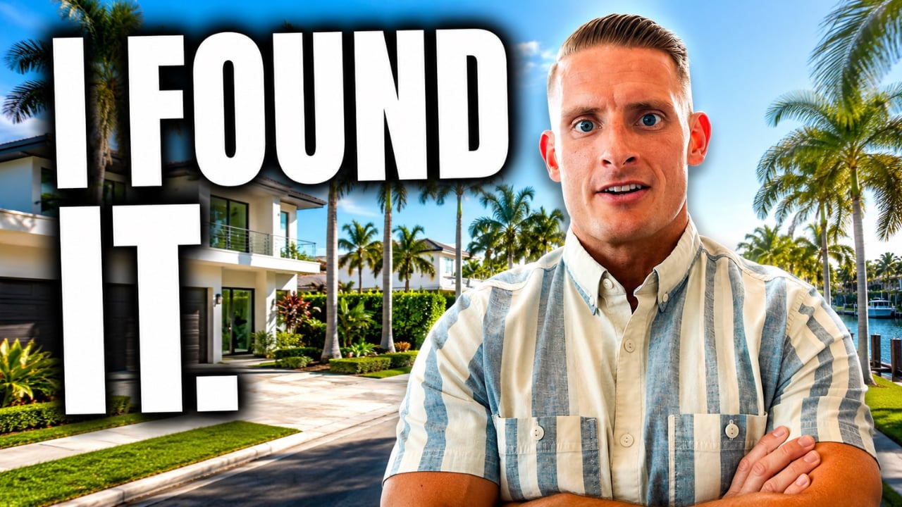 Man in front of a palm-lined waterfront home beside the words “I FOUND IT.”