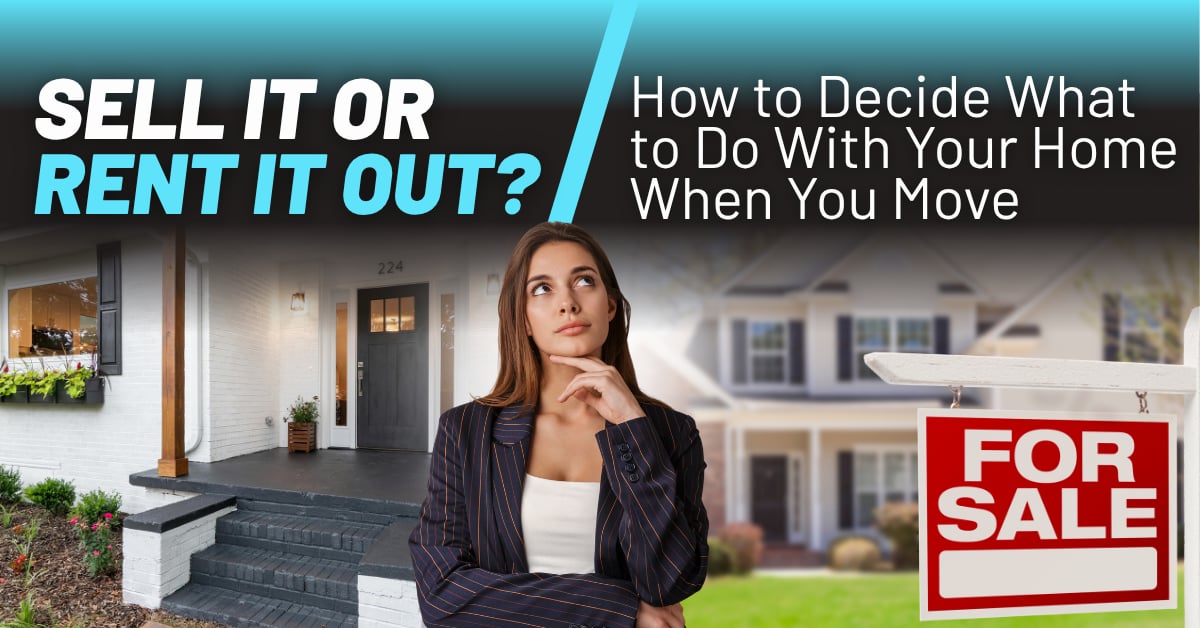 Homeowner deciding whether to sell or rent out a home when moving, with houses and a for sale sign in the background.