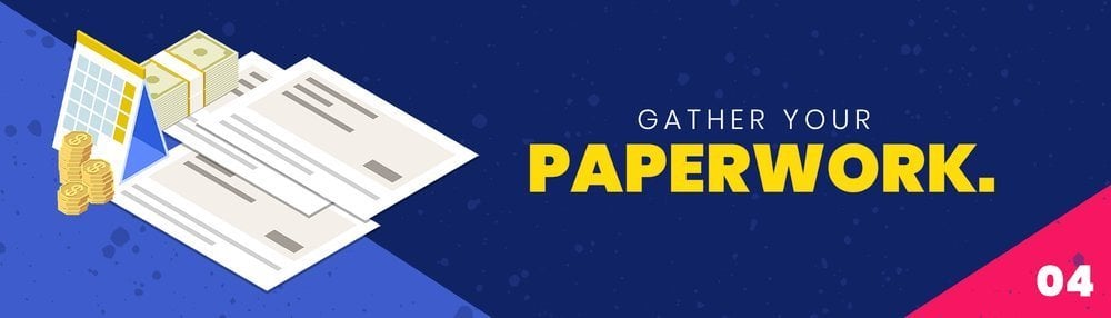 Gather your paperwork, illustrated with documents, a calculator, cash, and coins.