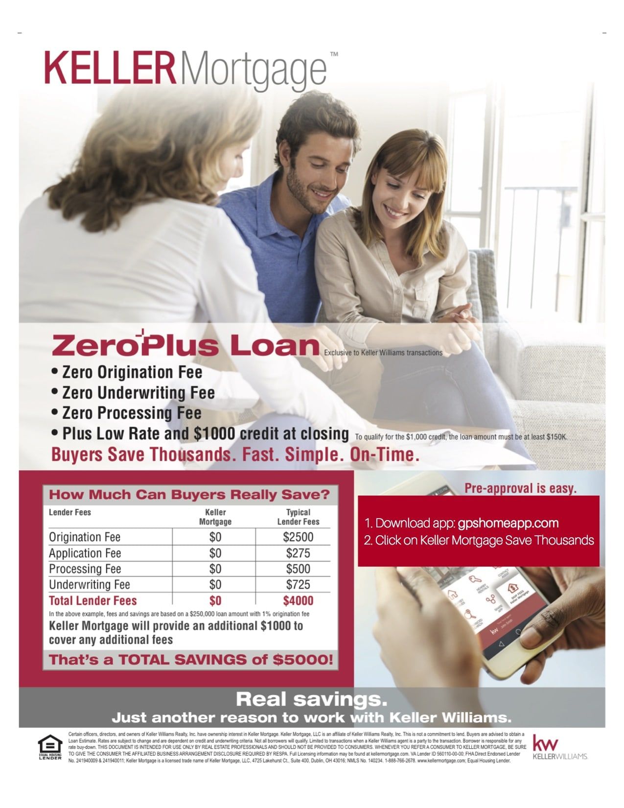 Keller Mortgage Zero⁺Plus Loan flyer advertising zero fees and up to $5,000 in savings.