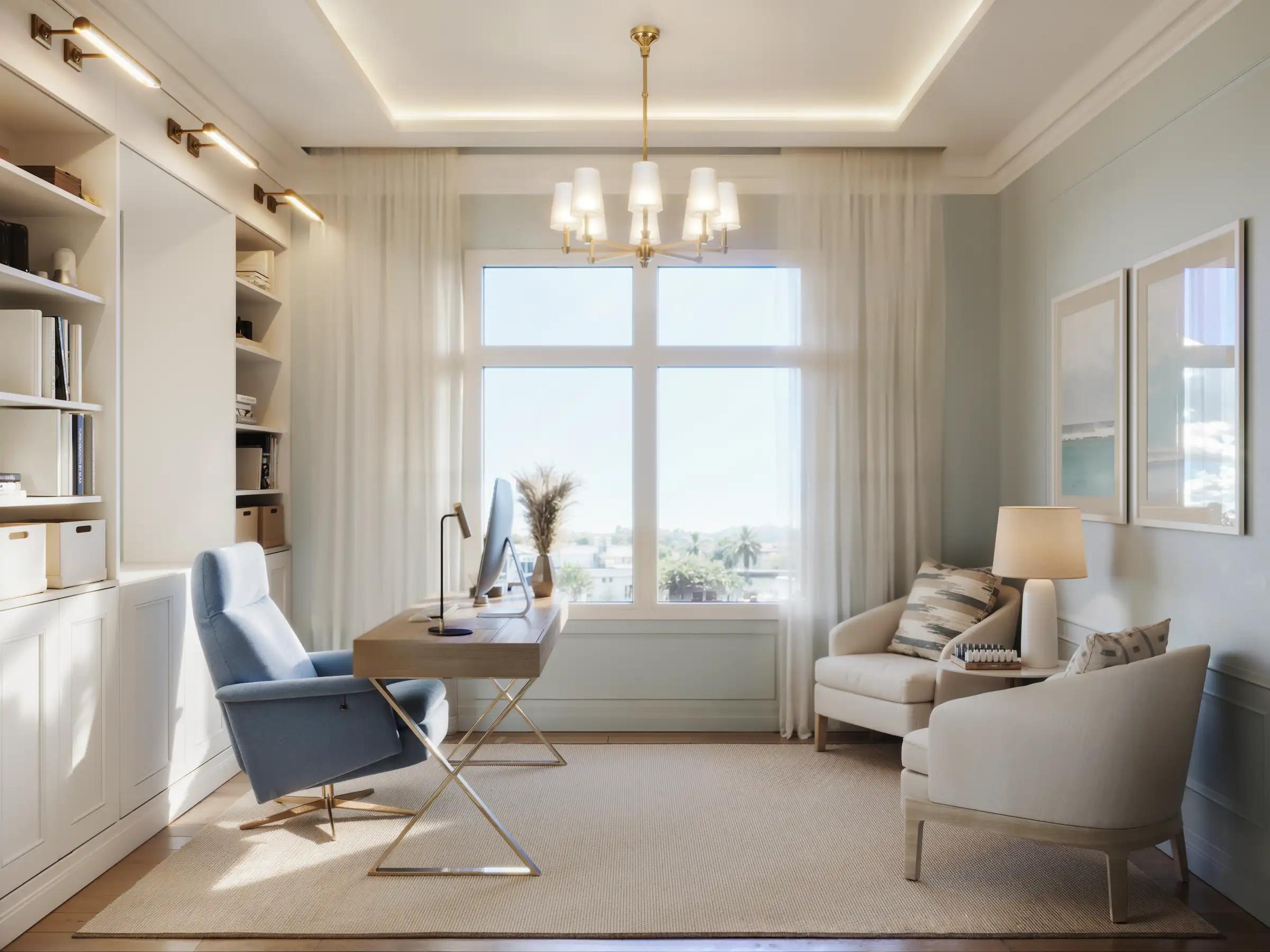 Rendering of a white kitchen with a large island and counter seating at Harbour House Naples