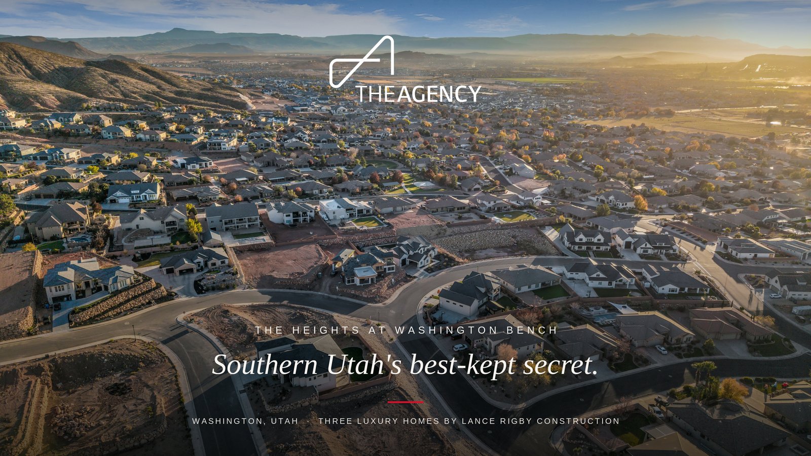 Aerial view of The Heights at Washington Bench luxury home community in Washington, Utah at golden hour