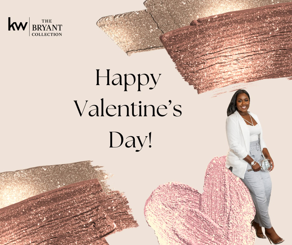 The Bryant Collection Valentine’s Day graphic with a smiling woman beside a glitter heart.